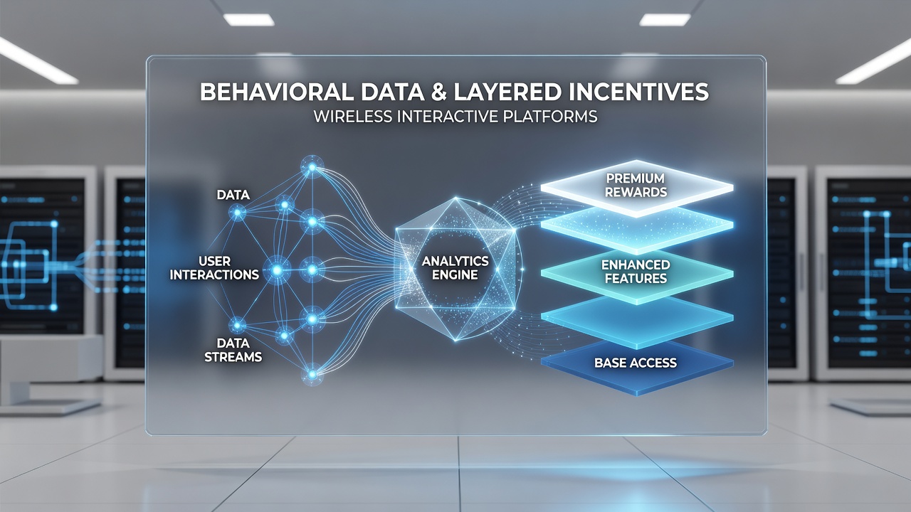 Diagram showing data flow from user interactions to layered incentive unlocks in wireless environments