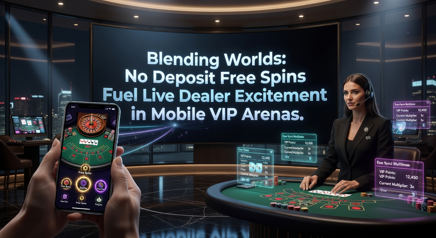Dynamic mobile screen showing no deposit free spins activating alongside a live dealer blackjack table in a VIP arena, with glowing interfaces and real-time chat