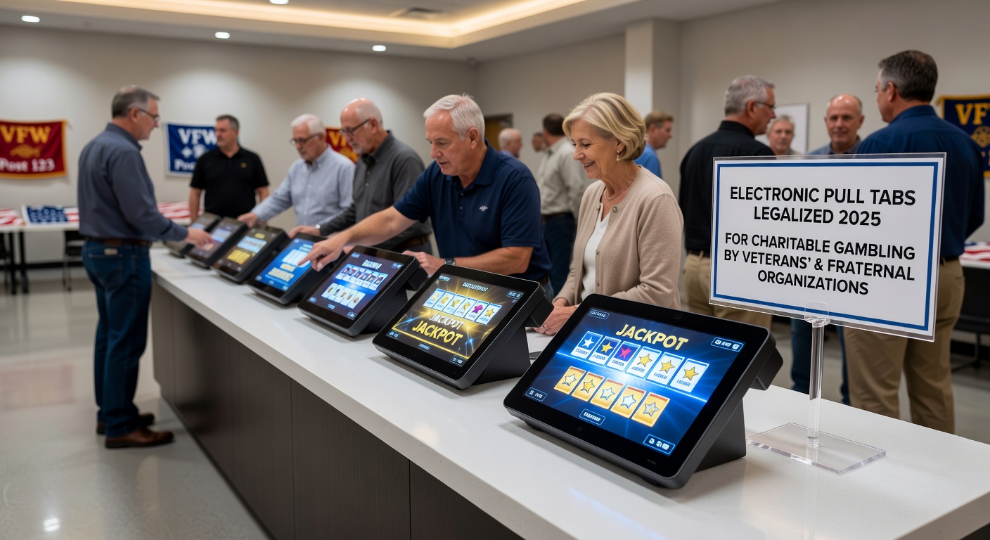 Fraternal organization members gathered around electronic pull tab stations, cheering a win amid banners and patriotic decor