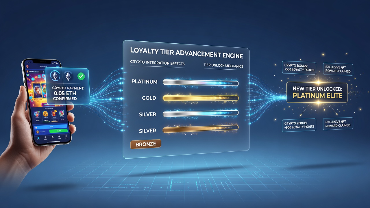 Smartphone screen displaying loyalty tier dashboard with crypto transaction history and reward unlocks