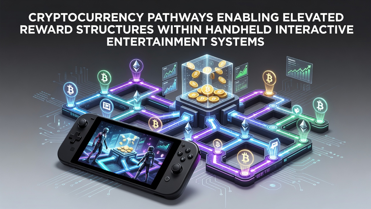 Cryptocurrency integration diagram showing blockchain connections to mobile gaming reward systems on handheld devices