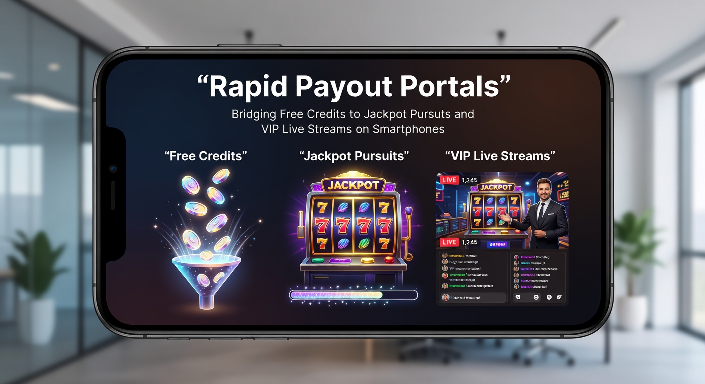 Smartphone screen displaying a rapid payout portal interface with free credits converting to jackpot slots and live VIP streams