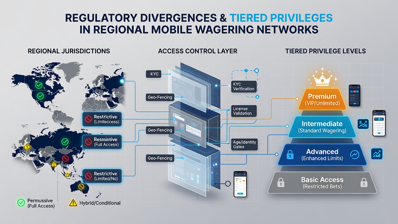 Regulatory compliance dashboard on a smartphone displaying tier access metrics across different regions