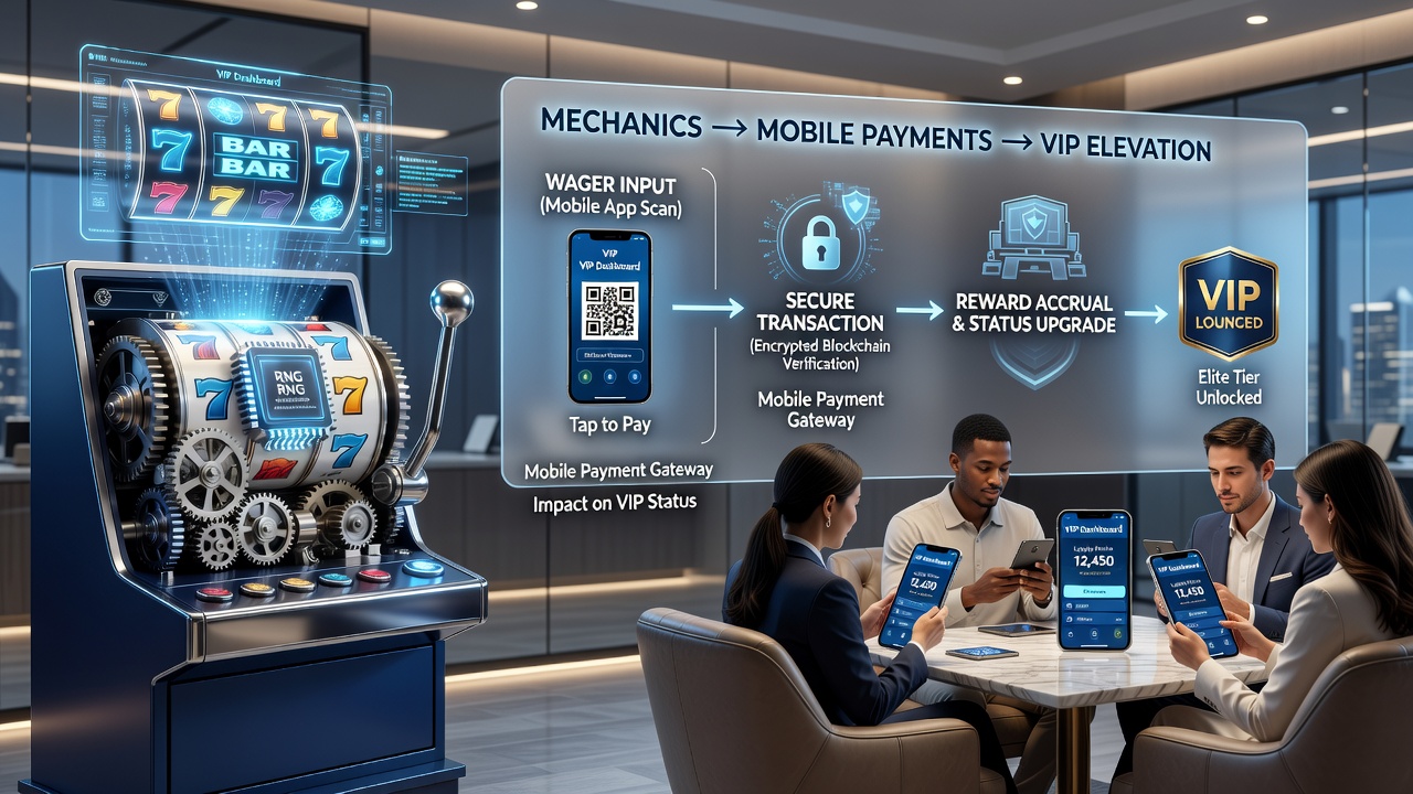 Mobile screen displaying casino app with active slot game, payment confirmation overlay, and VIP progress bar
