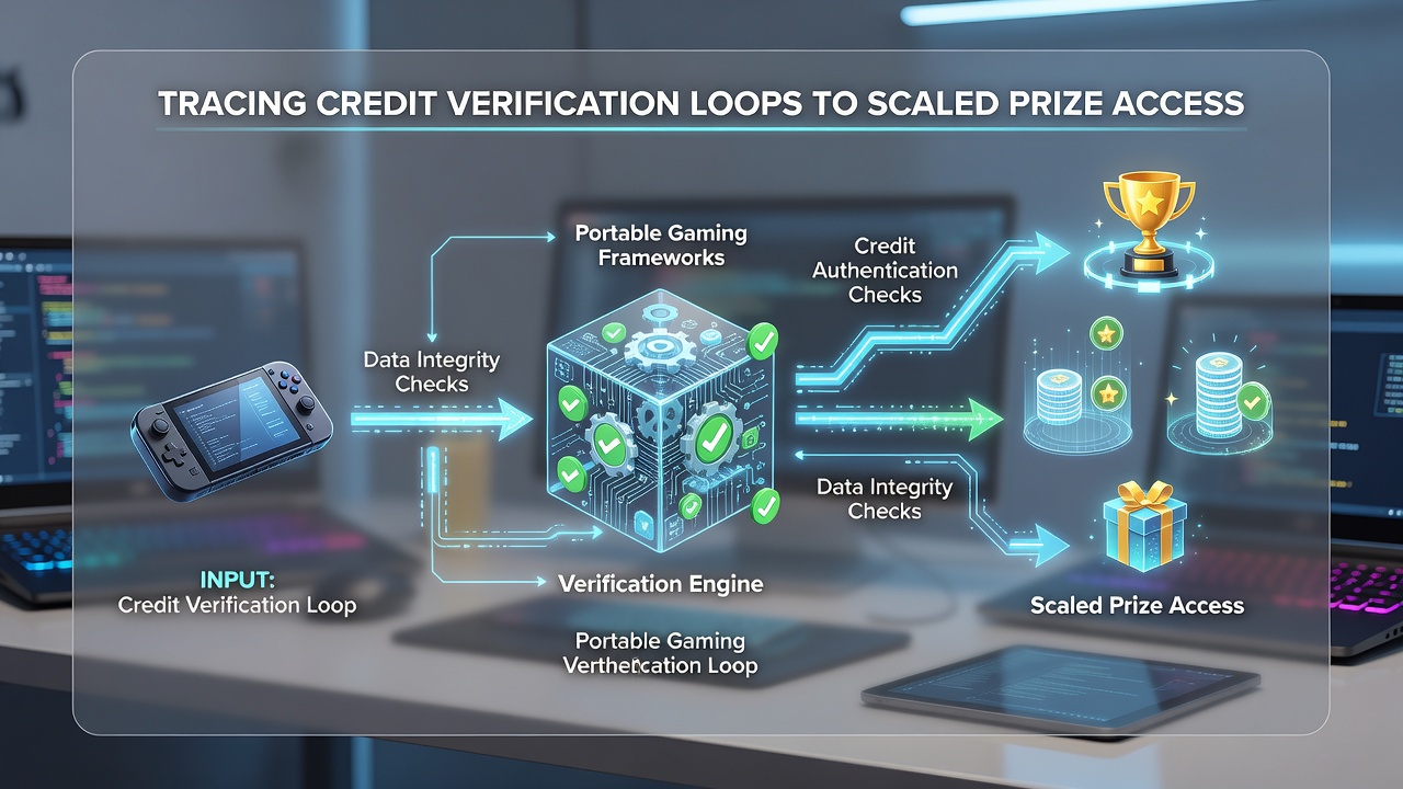 Diagram of credit verification flow leading to scaled rewards in handheld gaming systems