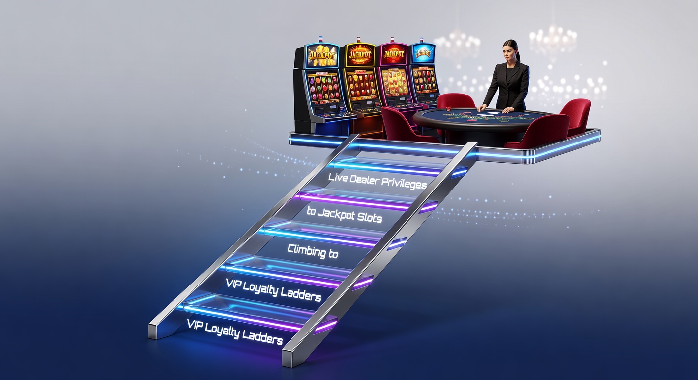Graphic illustration of a multi-tiered VIP loyalty ladder leading to exclusive jackpot slots and live dealer rooms
